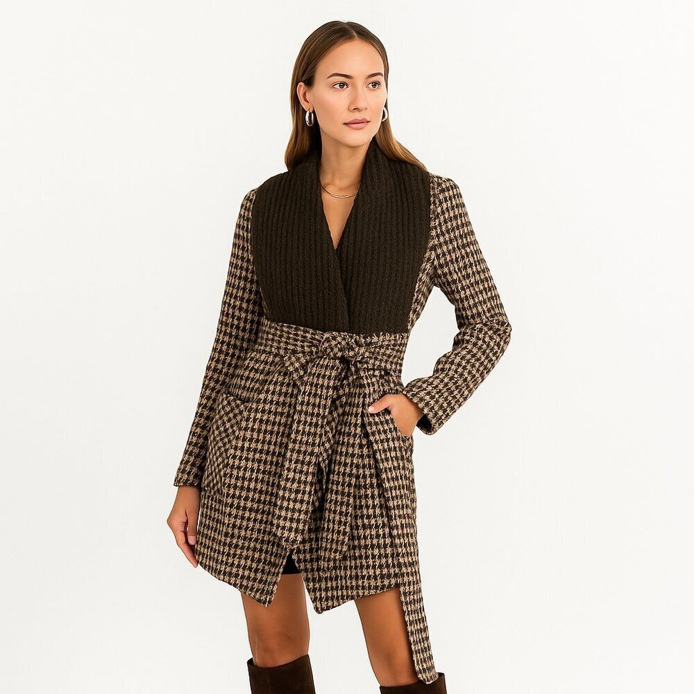 Stetson Brown Houndstooth Belted Trench Coat with Knit Shawl Collar
